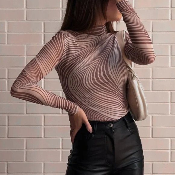 La Femme Apero Tops - La Femme Apero Mesh Mock Neck Wave Natural Size XS/S